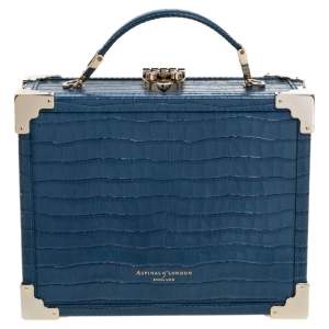 Aspinal of London Blue Croc Embossed Leather Mini Trunk Top Handle Bag