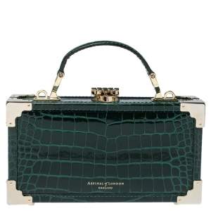 Aspinal of London Green Croc Emboosed Patent Leather Trinket Top Handle Bag 