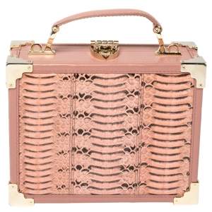 Aspinal of London Pink Watersnake and Leather Mini Trunk Top Handle Bag