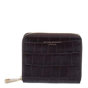 Aspinal of London Dark Brown Croc Embossed Leather Zip Around Compact Wallet