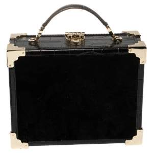 Aspinal of London Black Croc Emboosed Leather and Velvet Trinket Top Handle Bag 