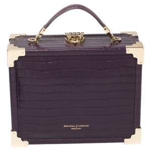 Aspinal Of London Purple Croc Embossed Leather Trunk Top Handle Bag