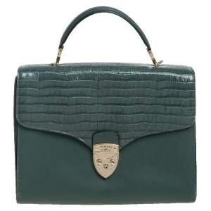 Aspinal Of London Green Croc Embossed and Leather Mayfair Top Handle Bag