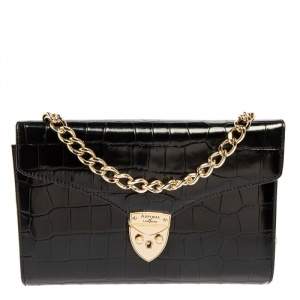 Aspinal Of London Black Croc Embossed Leather Chain Mayfair Shoulder Bag