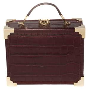 Aspinal Of London Burgundy Croc Embossed Leather Trunk Top Handle Bag