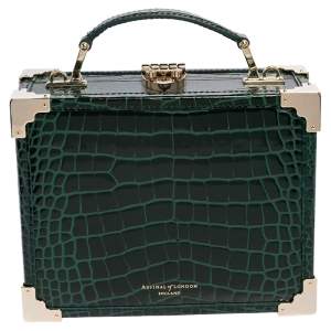 Aspinal of London Green Croc Embossed Leather Trinket Top Handle Bag 