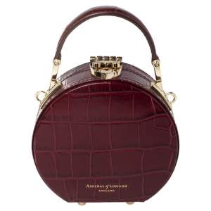 Aspinal Of London Burgundy Croc Embossed Leather Hat Box Shoulder Bag