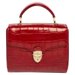 Aspinal of London Red Croc Embossed Leather Small Mayfair Top Handle Bag