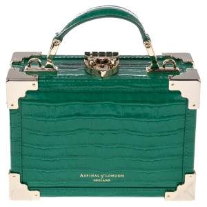 Aspinal Of London Green Croc Embossed Leather Micro Trunk Top Handle Bag