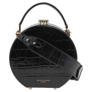 Aspinal Of London Black Croc Embossed Leather Hat Box Shoulder Bag