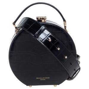 Aspinal Of London Black Croc Embossed Leather Hat Box Shoulder Bag