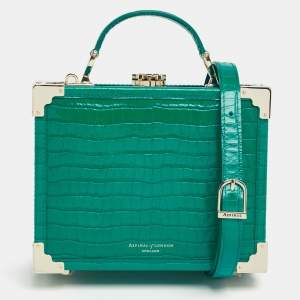 Aspinal Of London Green Croc Embossed Leather Trunk Top Handle Bag