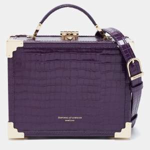 Aspinal of London Purple Croc Embossed Leather Mini Trunk Top Handle Bag