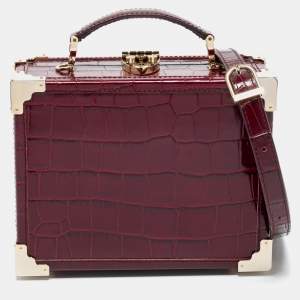 Aspinal Of London Burgundy Croc Embossed Leather Trunk Top Handle Bag
