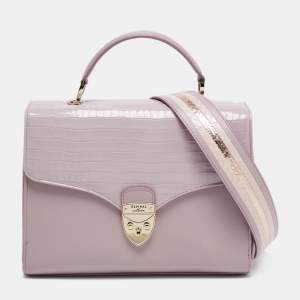 Aspinal Of London Purple Croc Embossed Leather Mayfair Top Handle Bag