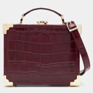 Aspinal Of London Burgundy Croc Embossed Leather Trunk Top Handle Bag