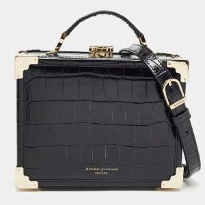 Aspinal Of London Black Croc Embossed Glossy Leather Trunk Top Handle Bag