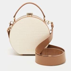 Aspinal Of London Off White/Brown Croc Embossed Leather Hat Box Bag