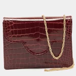 Aspinal Of London Burgundy Croc Embossed Leather Chain Clutch
