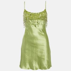 Asta Resort Green Hand Beaded Linen Blend Yasmin Mini Dress M