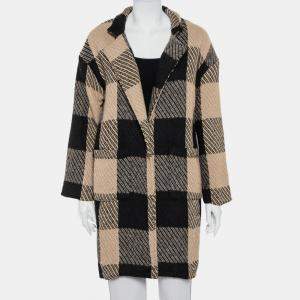 Pre Owned Astr The Label Black & Beige Checkered Wool Open Front Cora Coat S