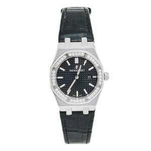 Audemars Piguet Black Stainless Steel Alligator Skin Leather Royal Oak 67651ST.ZZ.D002CR.01 Women's Wristwatch 33 mm