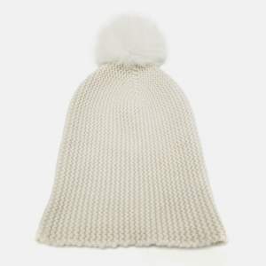 Autumn Cashmere White Purl Knit Fox Fur Pom Pom Beanie