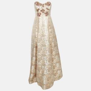Badgley Mischka Rose Gold Sequin Embellished Brocade Strapless Gown M