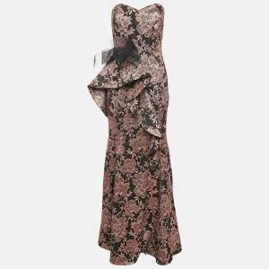 Badgley Mischka Black/Metallic Floral Jacquard Ruffled Strapless Gown M