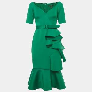 مملوكة مسبقًا Badgley Mischka Green Neoprene Ruffled Midi Dress S