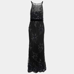 Badgley Mischka Black Embroidered Tulle Halter Neck Gown L