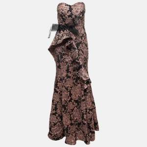 Badgley Mischka Couture Metallic Floral Jacquard Embellished Strapless Gown L