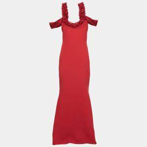 Badgley Mischka Couture Red Crepe Off Shoulder Embellished Long Gown L