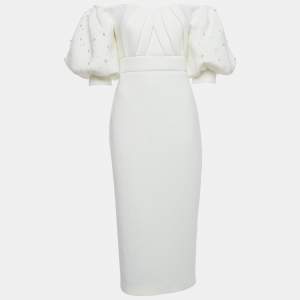 Badgley Mischka Ivory Jersey Off-Shoulder Embellished Midi Dress L