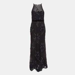 Badgley Mischka Black Embroidered Tulle Halter Neck Gown M