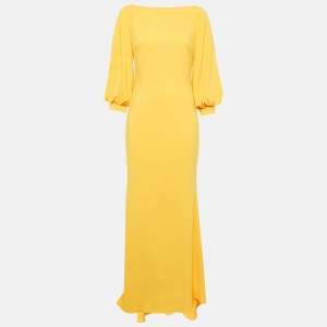 Badgley Mischka Yellow Crepe Puff Sleeve Marigold Gown M