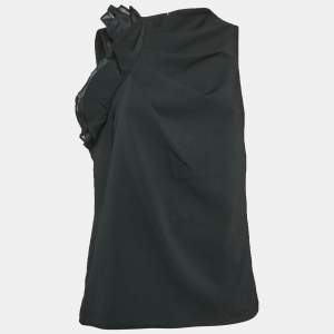 Badgley Mischka Black Crepe Ruffled Sleeveless Top L
