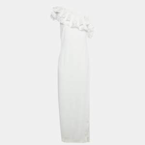 مملوكة مسبقًا Badgley Mischka White Crepe Ruffle Lace Detail One Shoulder Gown M