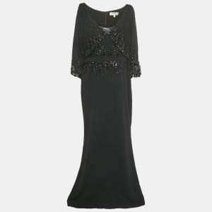 Pre Owned Badgley Mischka Black Embellished Overlay Crepe Gown XL