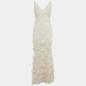 Pre Owned Badgley Mischka White Sequin Undelay Tulle Applique Gown M