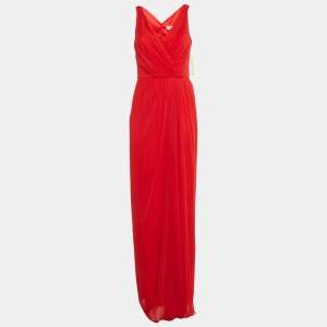 Pre Owned Badgley Mischka Red Silk Pleated Sleeveless Gown L