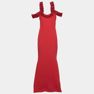 مملوكة مسبقًا Badgley Mischka Couture Red Crepe Off Shoulder Embellished Long Gown L