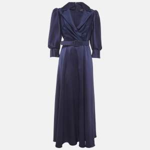مملوكة مسبقًا Badgley Mischka Navy Blue Twill Belted Collared Gown M