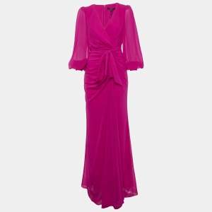 Pre Owned Badgley Mischka Pink Chiffon Wrap-Effect Draped Maxi Dress M