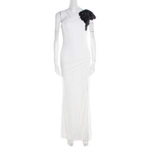 Badgley Mischka Collection White Ruched Knit Contrast Embellished One Shoulder Gown L