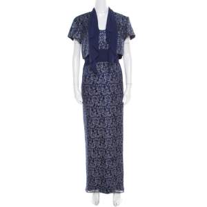 Badgley Mischka Blue Floral Metallic Lace Maxi Dress and Bolero Set L