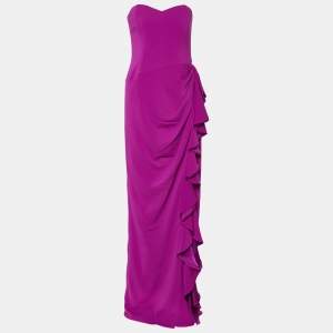 Badgley Mischka Purple Crepe Ruffle Detail Strapless Gown M