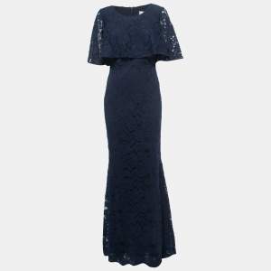 Badgley Mischka Navy Blue Lace Cape Gown M