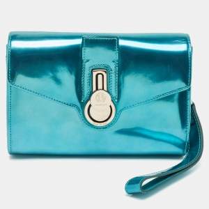 Baldinini Metallic Blue Patent Leather Flap Wristlet Clutch