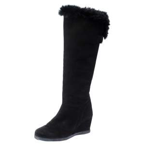 Baldinini Black Suede Wedge Knee Length Boots Size 38.5